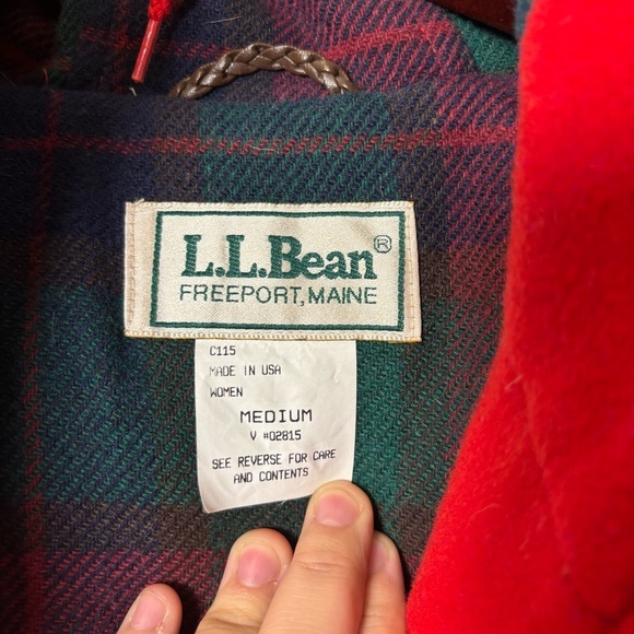 Vintage LL BEAN Wool Duffel Coat Toggle Jacket w/Hood Womens Red with Plaid - Picture 7 of 7